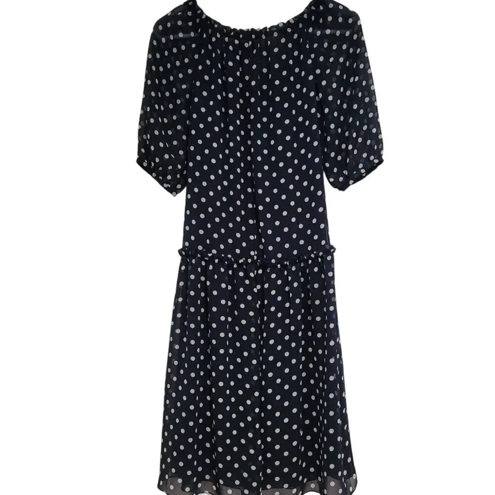 Georges Rech Paris Navy Polka Dot Midi Dress Quiet Luxury A-Line Ruffles Size 8 - Picture 2 of 11